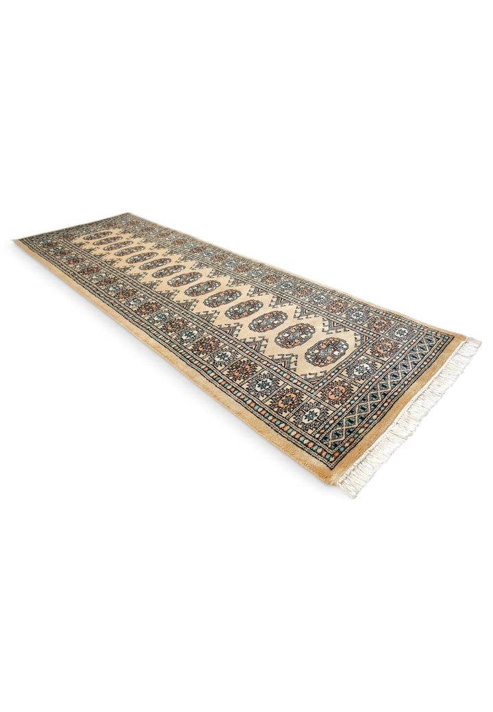 Camel and Sea Green Turkmen Gül Bokhara, Hand-Knotted Wool Rug