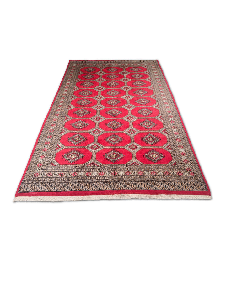 Bright Red and Sand Jaldar Lattice Gül, Hand-Knotted Wool Rug