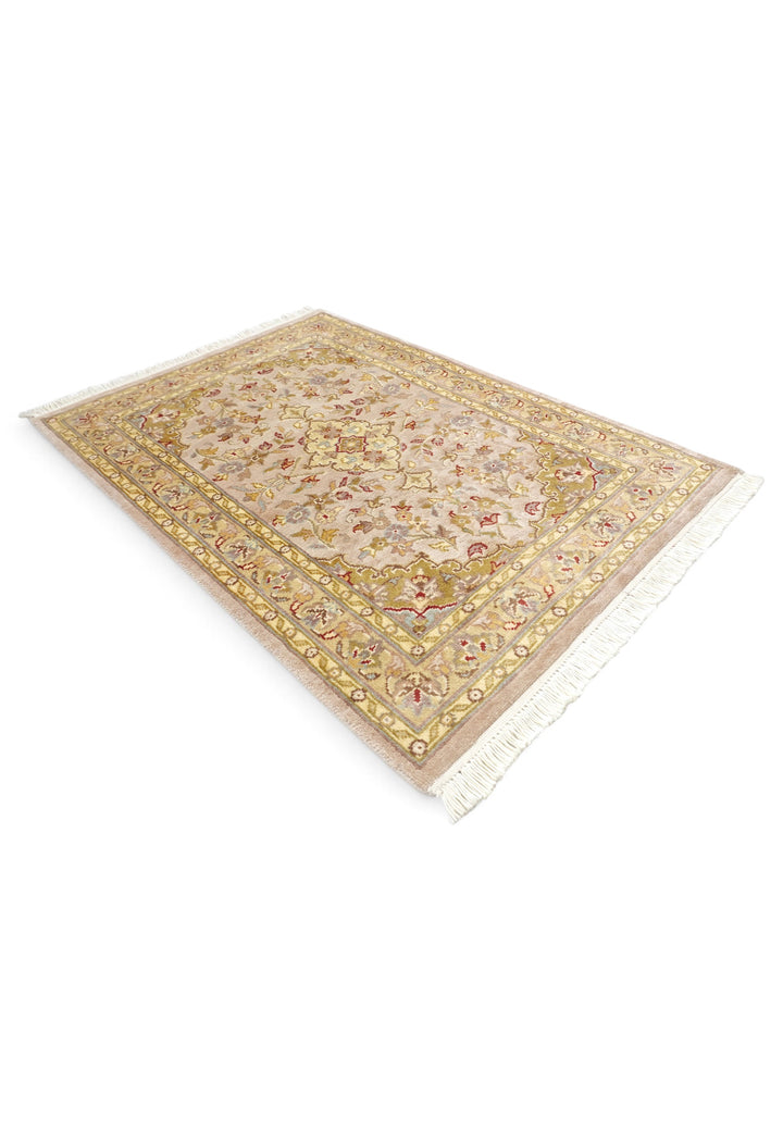 Blush and Olive Gold Medallion Tabriz, Hand-Knotted Wool and Silk Rug
