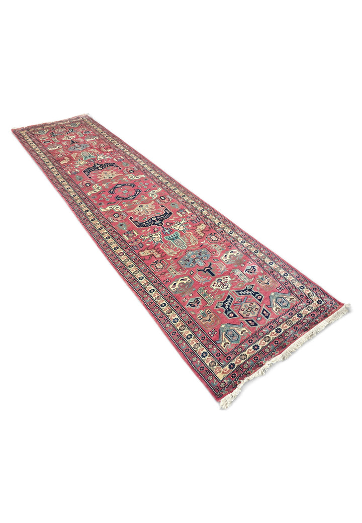 Rose and Teal Serrated Leaf Medallion, Hand-Knotted Wool Rug