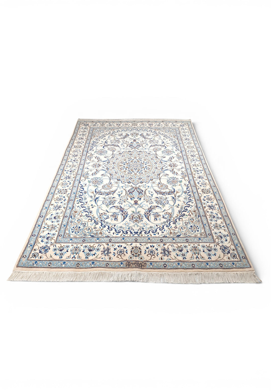 Ivory &amp; Blue Medallion Persian Nain, Hand-Knotted Wool Rug