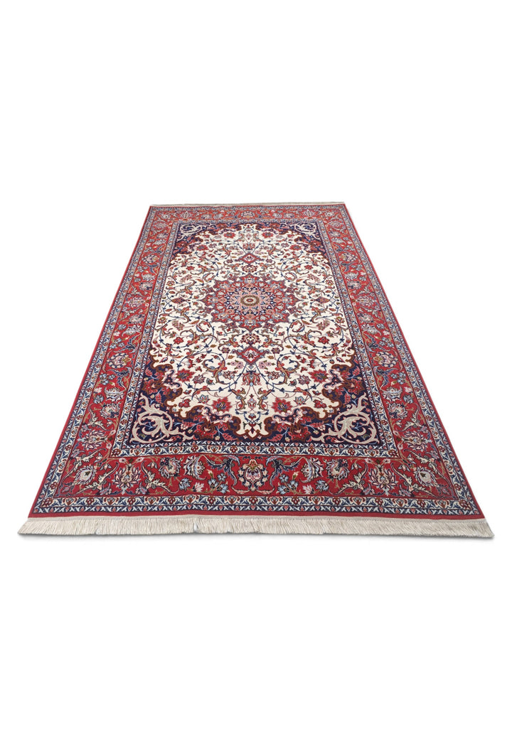 Ivory and Red Star Medallion Sirafian Isfahan, Hand-Knotted Wool Rug
