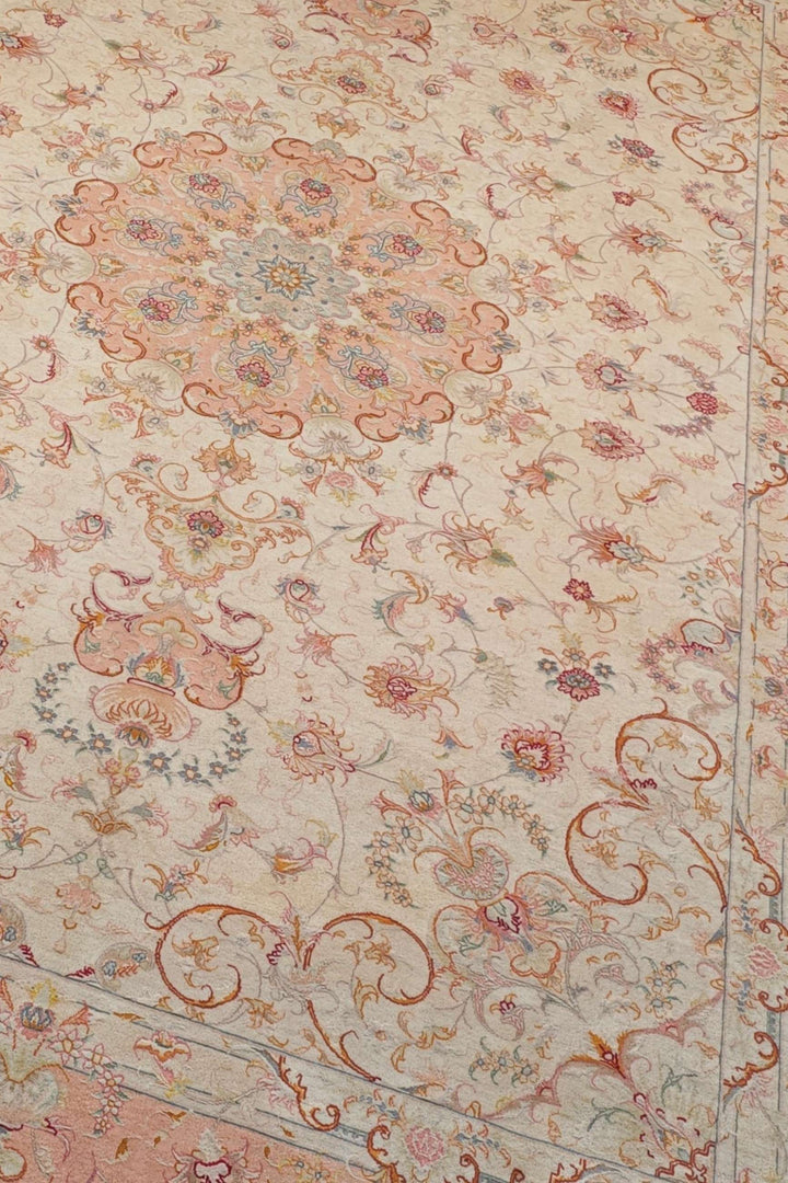 Ivory and Peach Scrolling Leaf Medallion Tabriz, Hand-Knotted Wool Rug