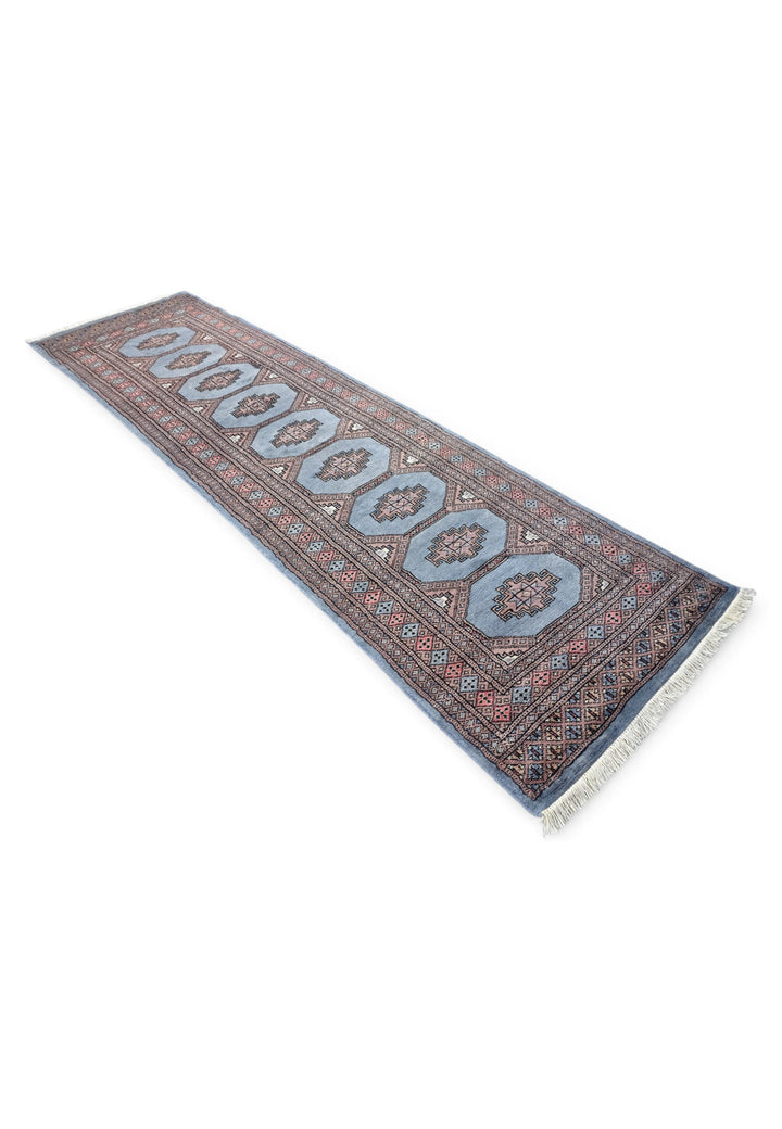 Dusty Blue and Rose Turkmen Gül Bokhara, Hand-Knotted Wool Rug