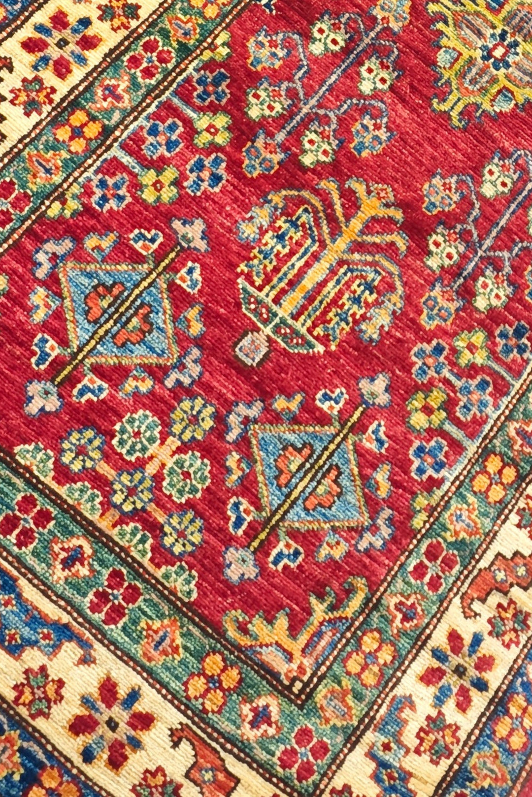 Red and Ivory All-Over Floral Kazak, Hand-Knotted Wool Rug