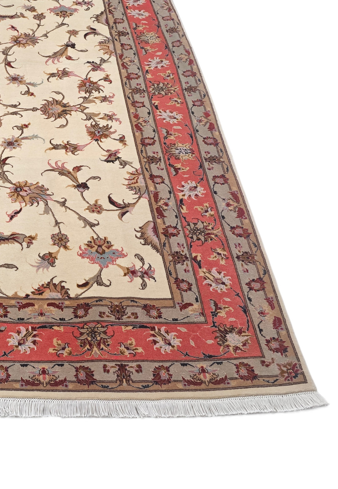 Ivory and Coral Serrated Leaf Tabriz, Hand-Knotted Wool Rug