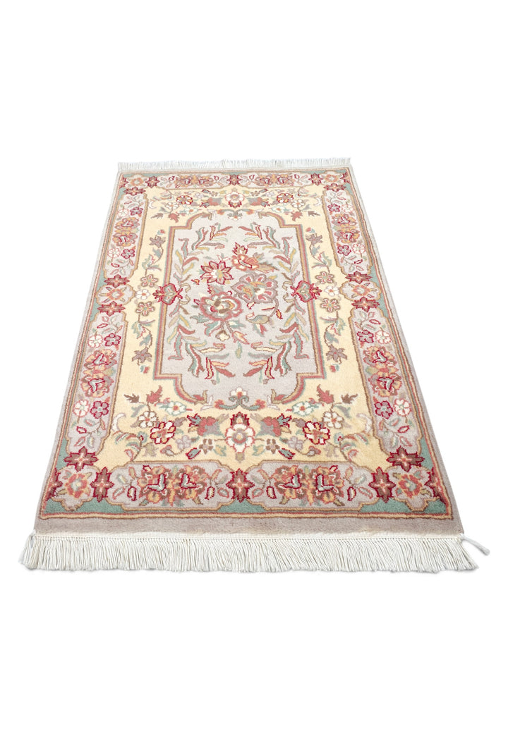 Gold and Grey French Floral Panel, Hand-Knotted Wool Rug