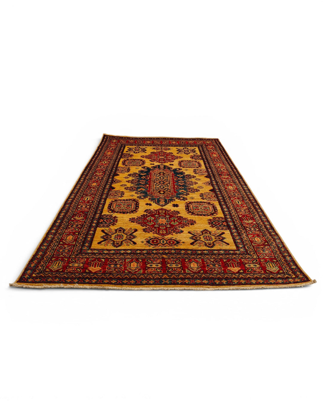 Gold &amp; Navy Tribal Medallion Rug, Hand-Knotted Afghani Sherwan