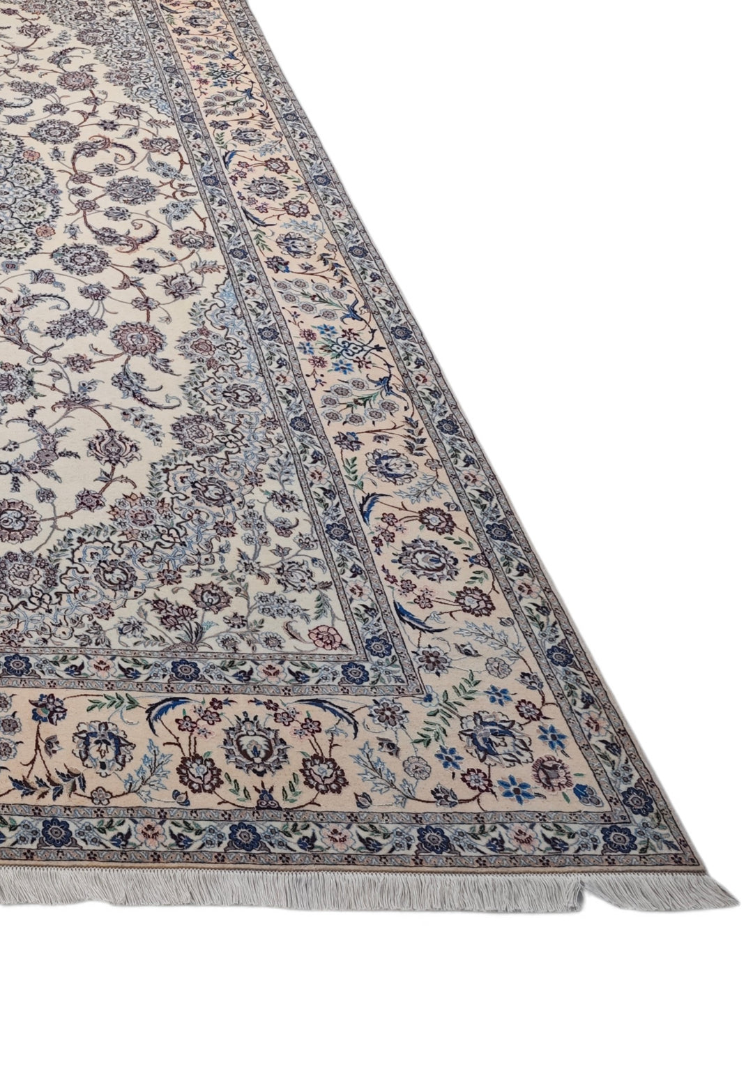 Ivory and Blue Bird Border Medallion Nain, Hand-Knotted Wool Rug