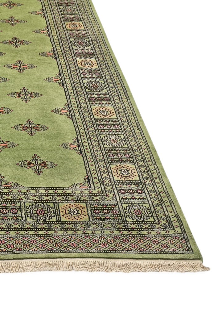 Olive Green Open Field Bokhara, Hand-Knotted Wool Rug