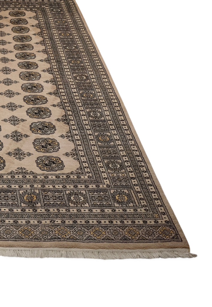 Sand and Espresso Gül and Tree Bokhara, Hand-Knotted Wool Rug