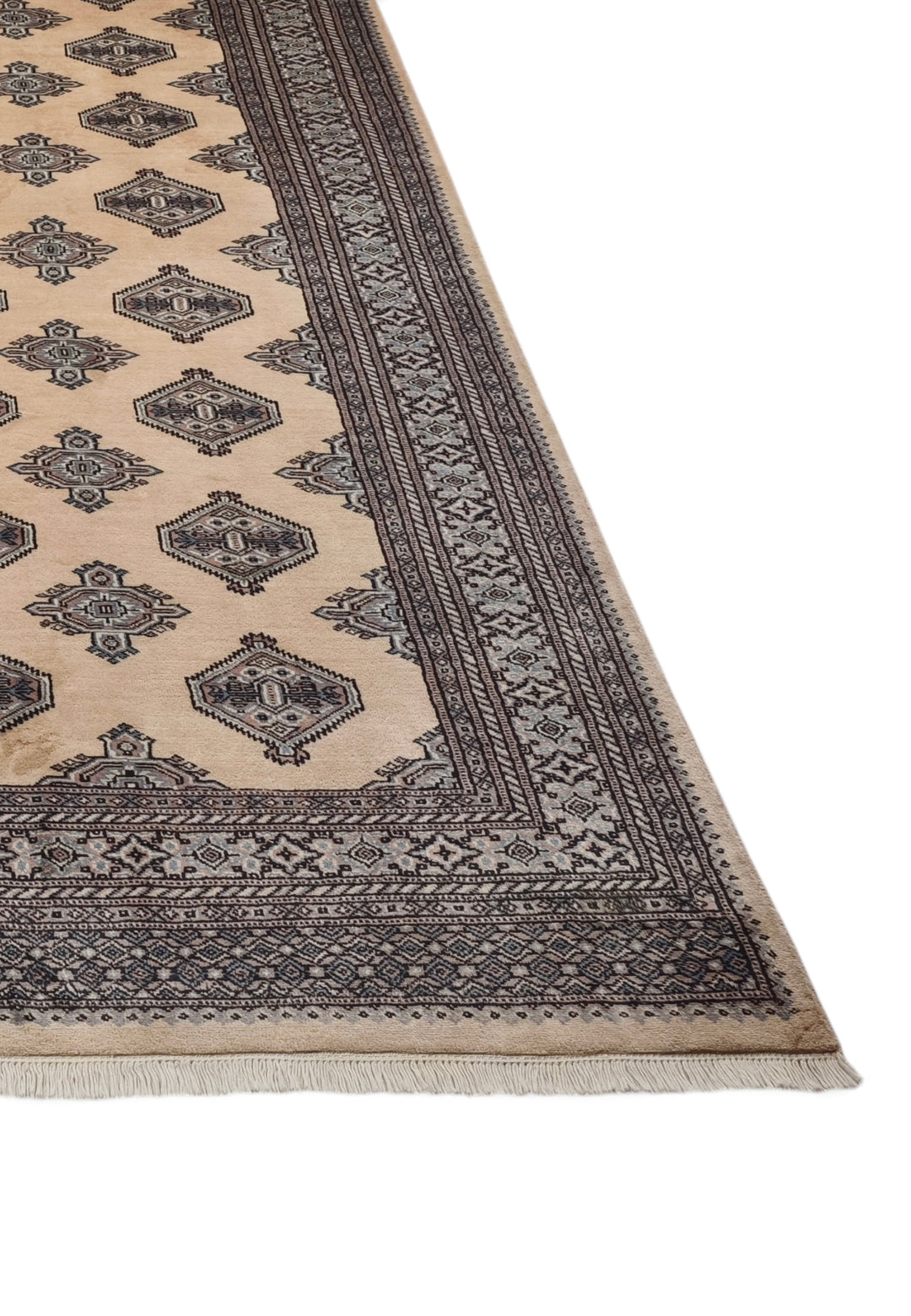 Cream and Espresso Turkmen Gül Bokhara, Hand-Knotted Wool Rug