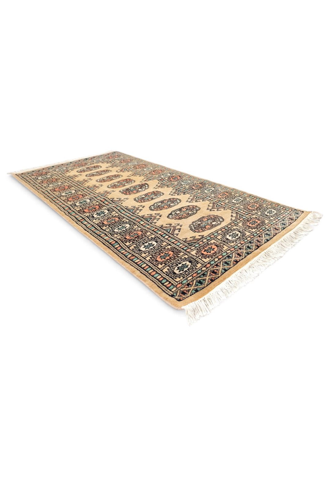 Gold and Peach Turkmen Gül Bokhara, Hand-Knotted Wool Rug