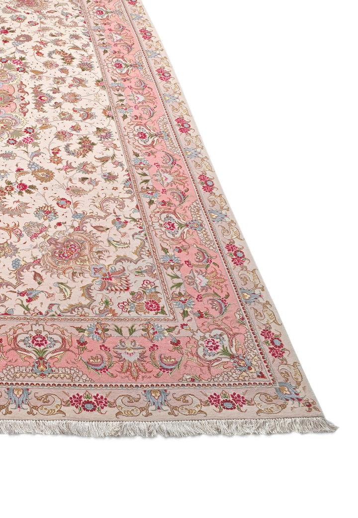 Cream and Rose Pink Medallion Tabriz, Hand-Knotted Wool Rug