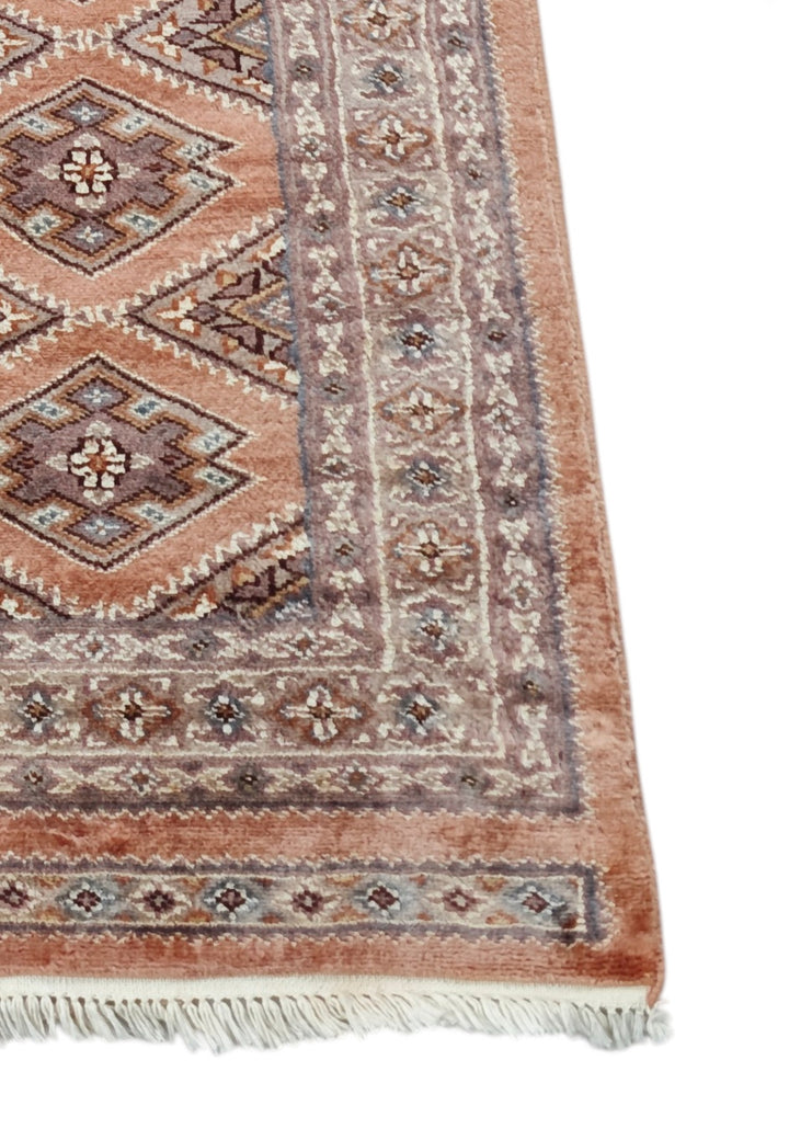 Salmon and Mauve Jaldar Alternating Lattice, Hand-Knotted Wool Rug