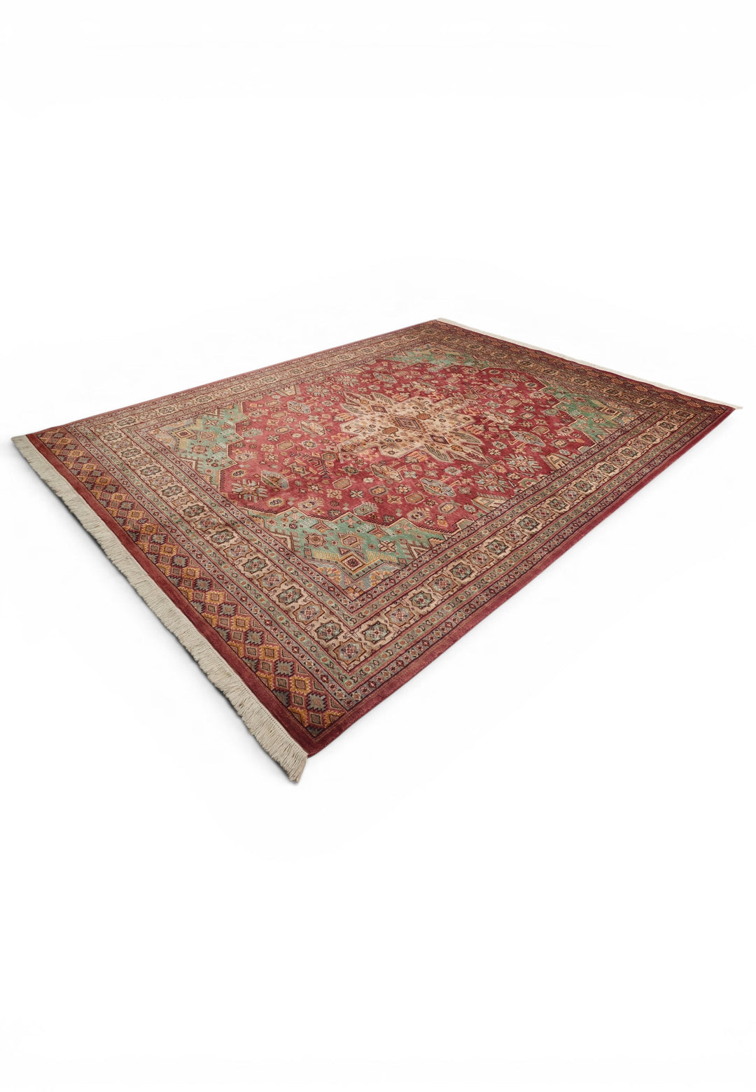 Rust Red &amp; Green Tribal Medallion Single Knot Wool and Silk Rug