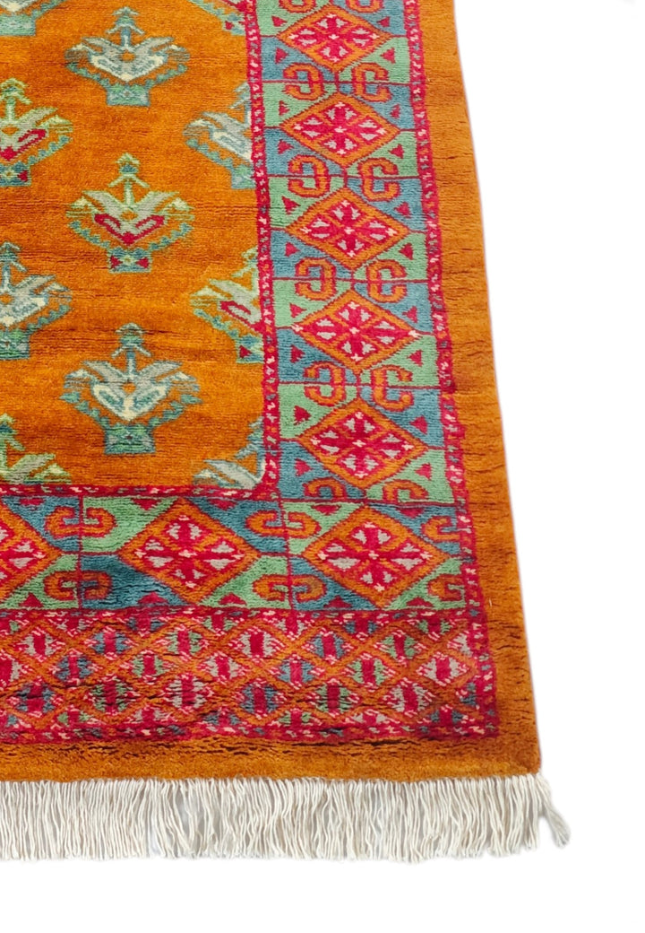 Saffron and Teal Flowering Shrub Repeat, Hand-Knotted Wool Rug