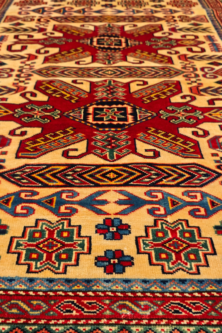 Gold &amp; Red Tribal Star Rug, Hand-Knotted Afghani Sherwan