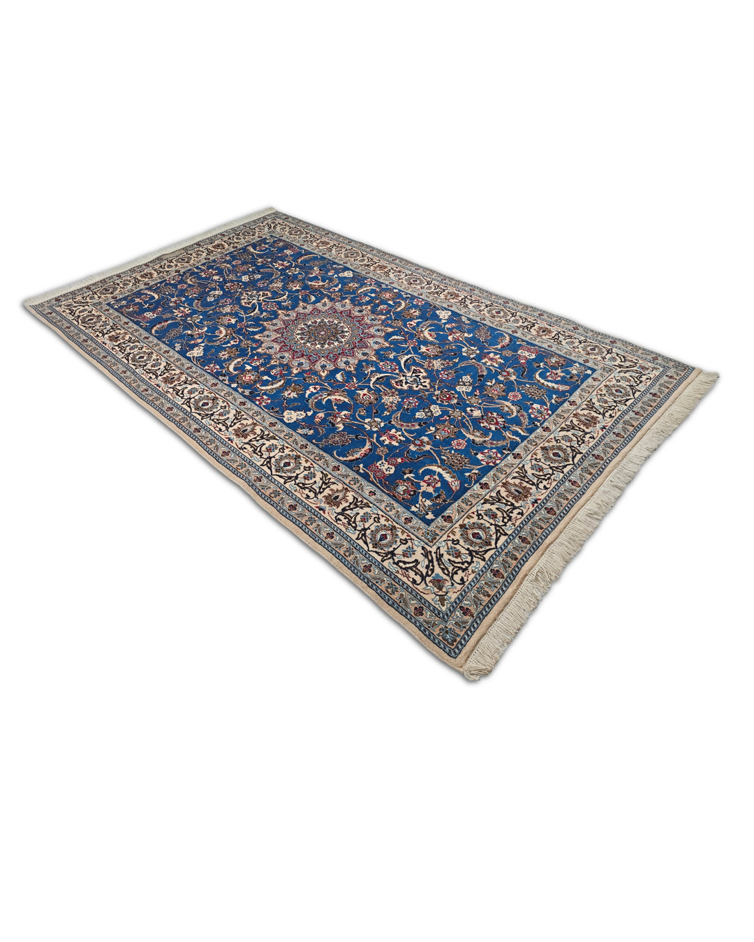 Cobalt Blue and Ivory Medallion Nain, Hand-Knotted Wool Rug