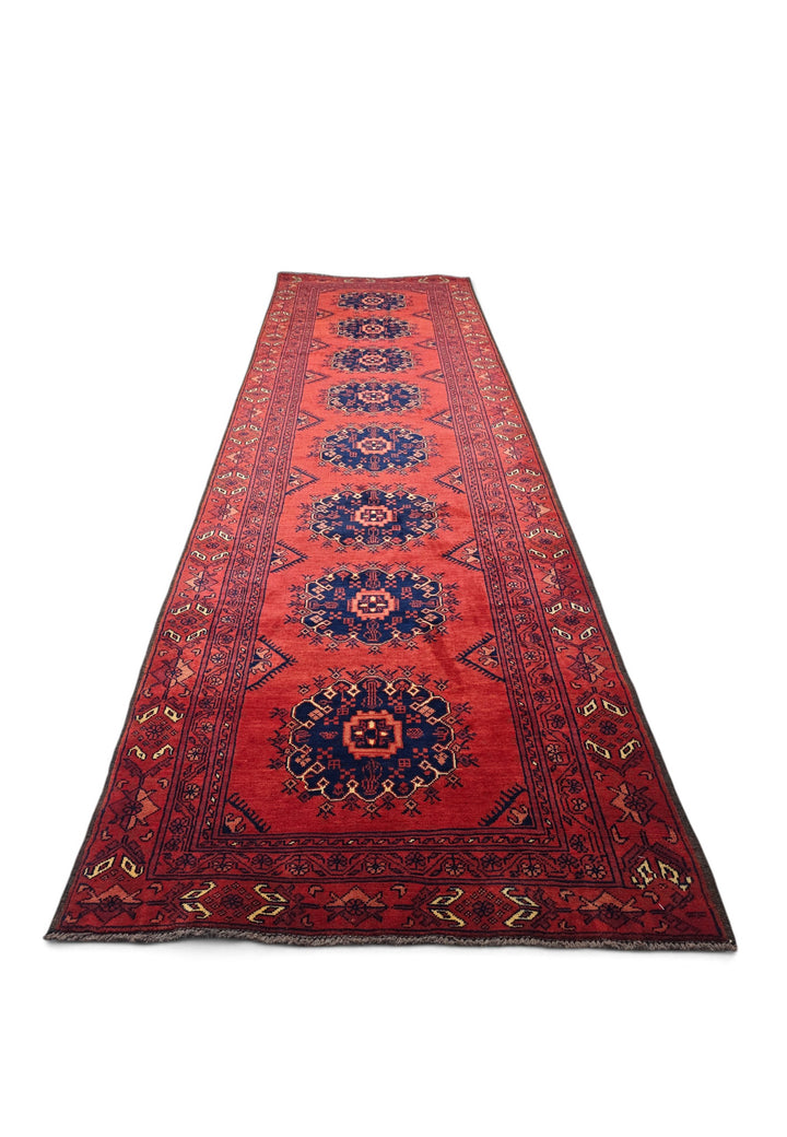 Red and Navy Khan Muhammadi Runner, Hand-Knotted Wool