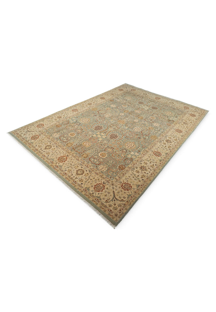 Pale Sage and Sandstone Floral Ghazni, Hand-Knotted Wool Rug