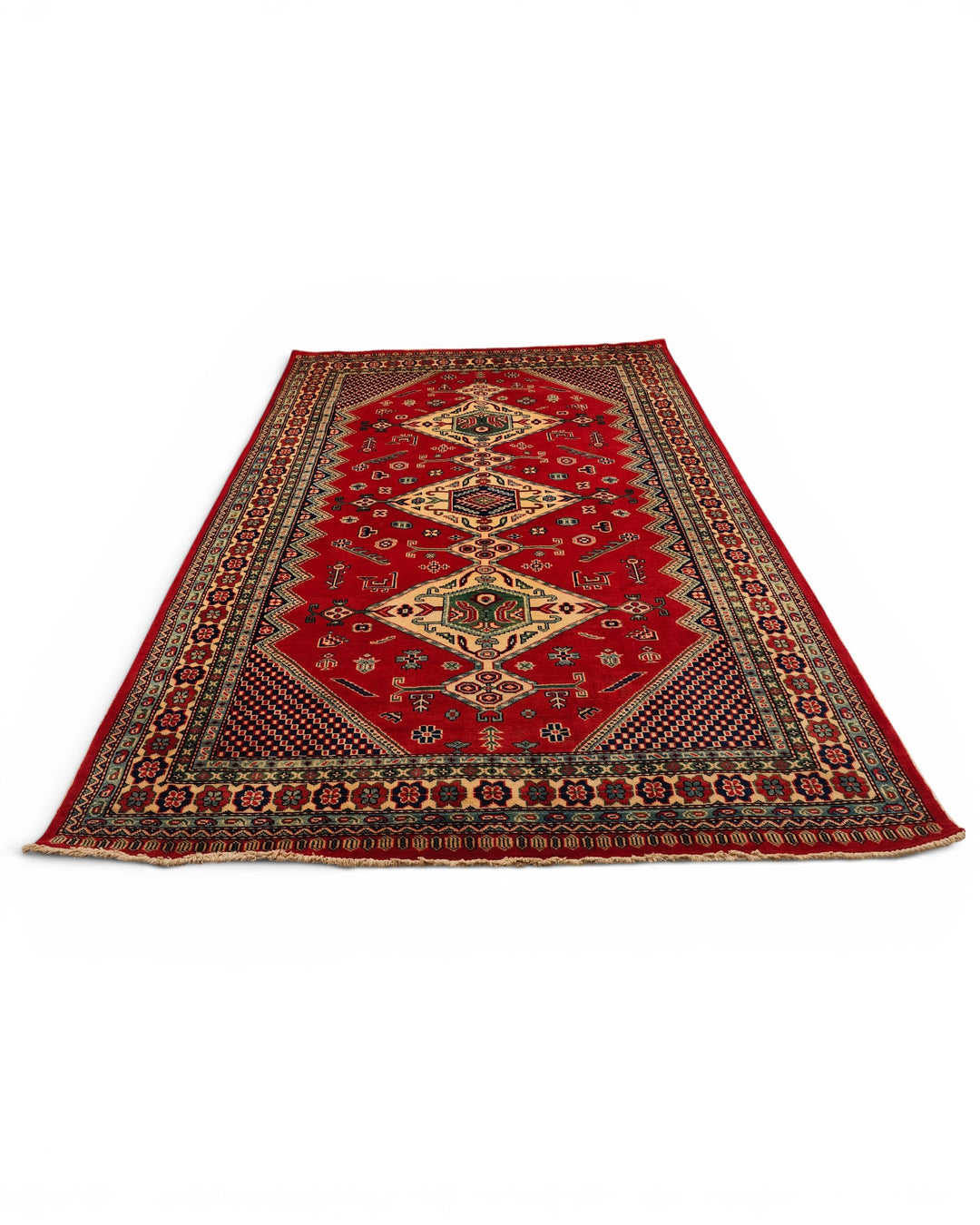 Red &amp; Navy Caucasian Medallion Rug, Hand-Knotted Afghani Sherwan