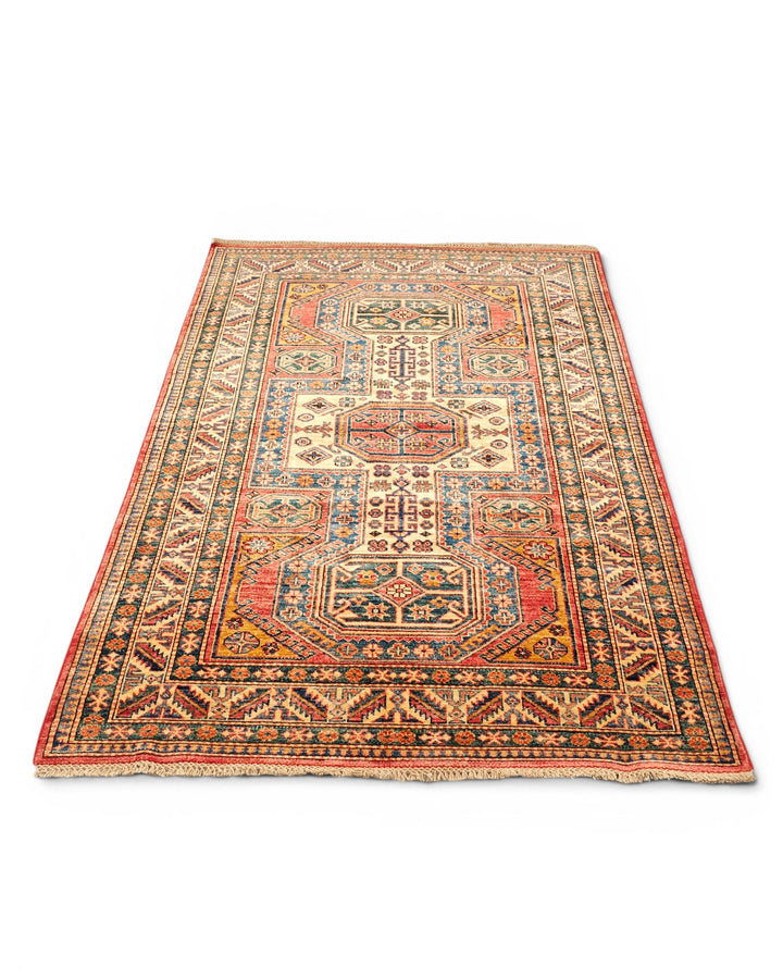 Red &amp; Gold Octagon Kazak Rug, Hand-Knotted Afghan Wool
