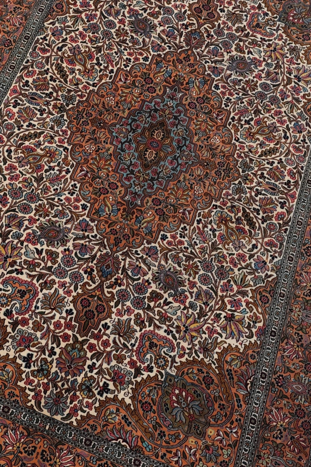Cream and Brown Boteh Medallion, Hand-Knotted Silk Rug