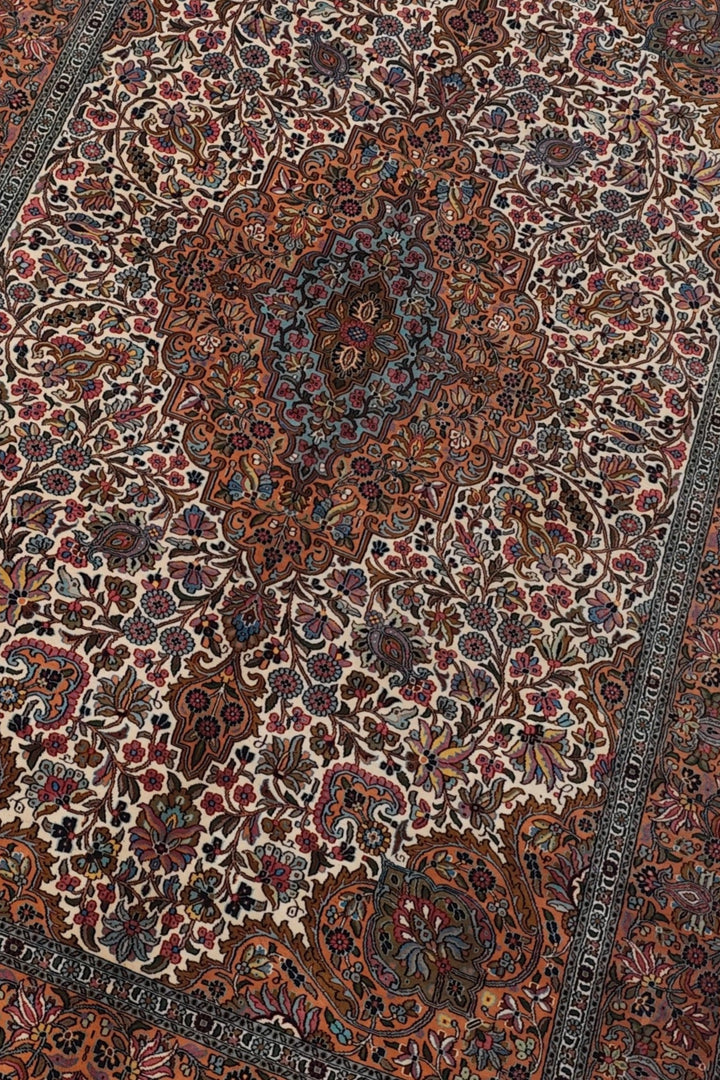 Cream and Brown Boteh Medallion, Hand-Knotted Silk Rug