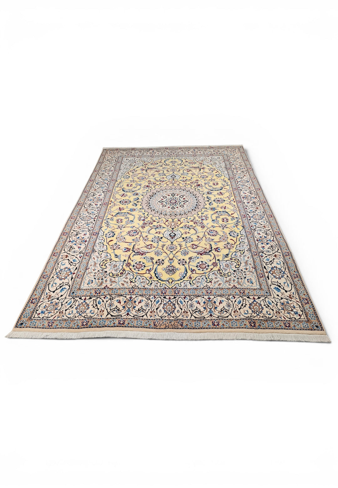 Saffron-Yellow Medallion Persian Nain, Hand-Knotted Wool Rug