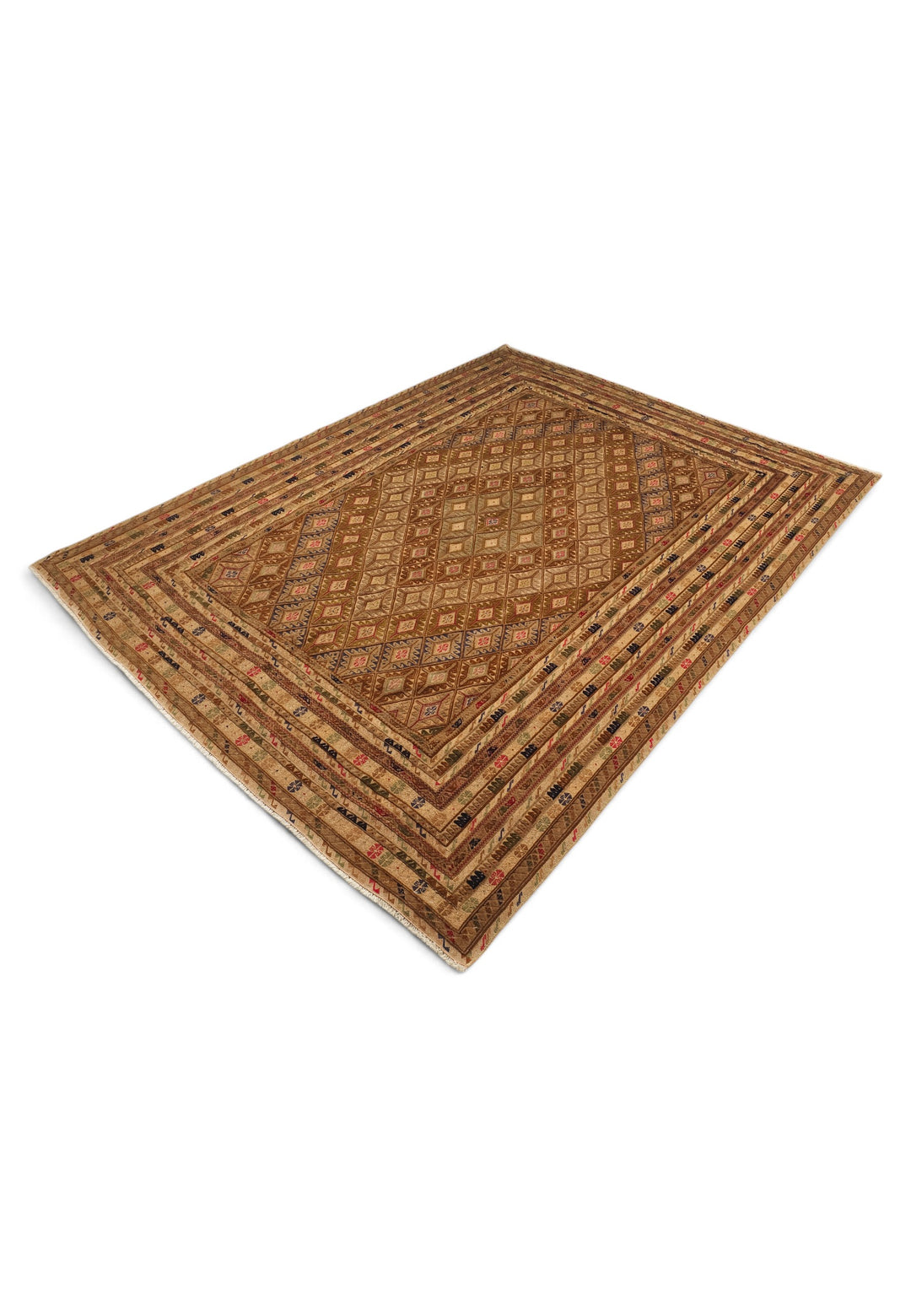 Camel and Brown Diamond Lattice Kilim, Hand-Woven Wool