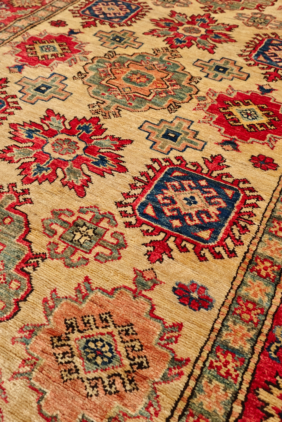 Gold &amp; Red Sunburst Medallion Rug, Hand-Knotted Afghani Sherwan