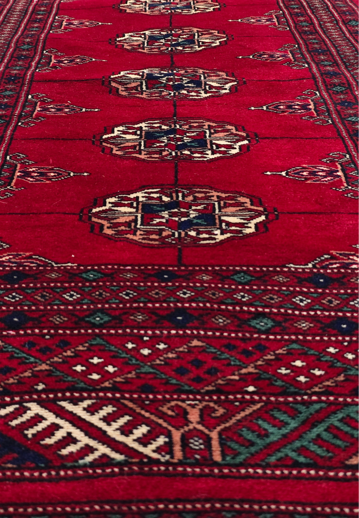Madder Red and Ivory Turkmen Gül Bokhara, Hand-Knotted Wool Rug