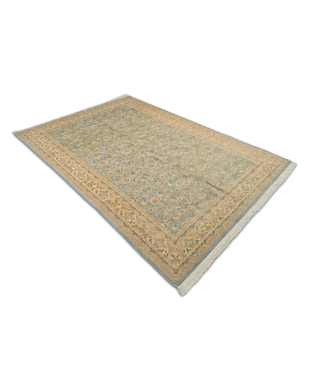 Sage Green and Gold Afshan All-Over Floral, Hand-Knotted Wool Rug