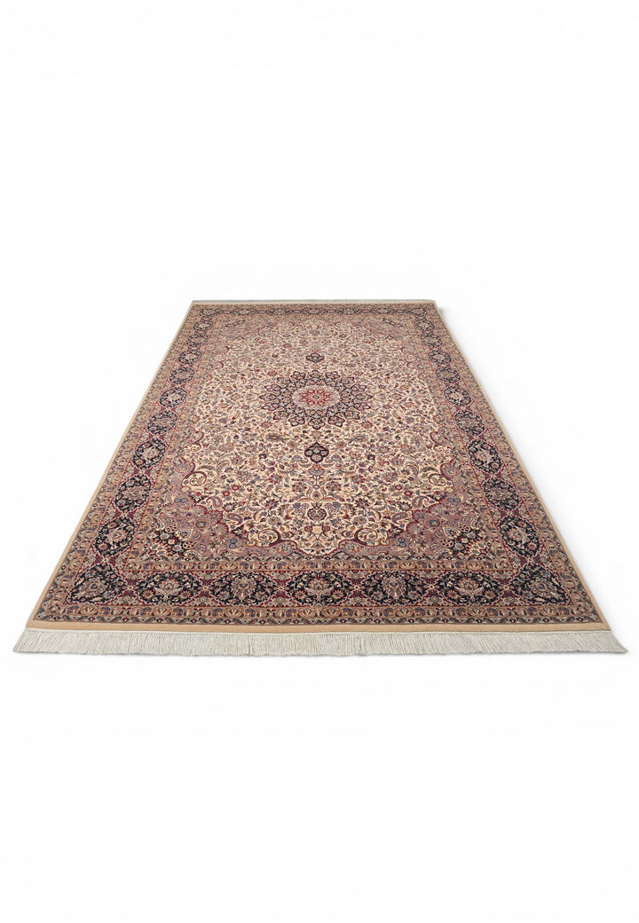 Ivory and Navy Floral Medallion, Hand-Knotted Wool and Silk Rug