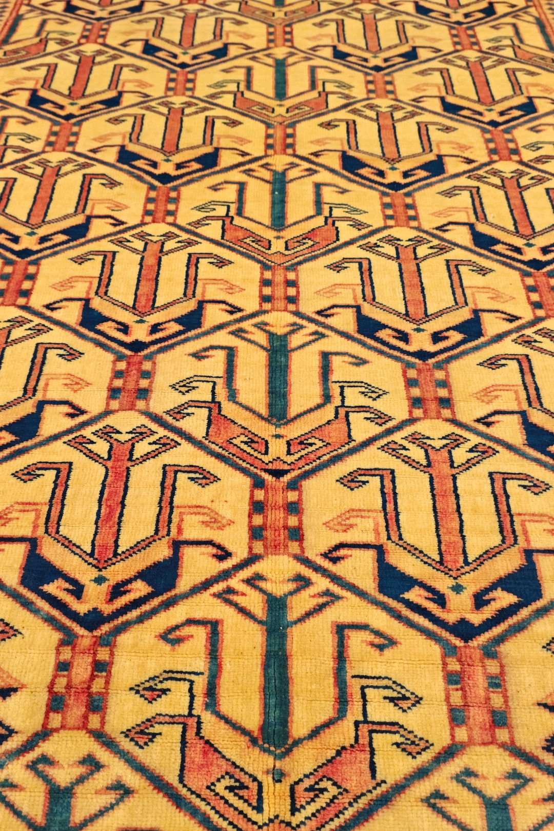 Gold &amp; Navy Caucasian Rug, Hand-Knotted Afghani Sherwan