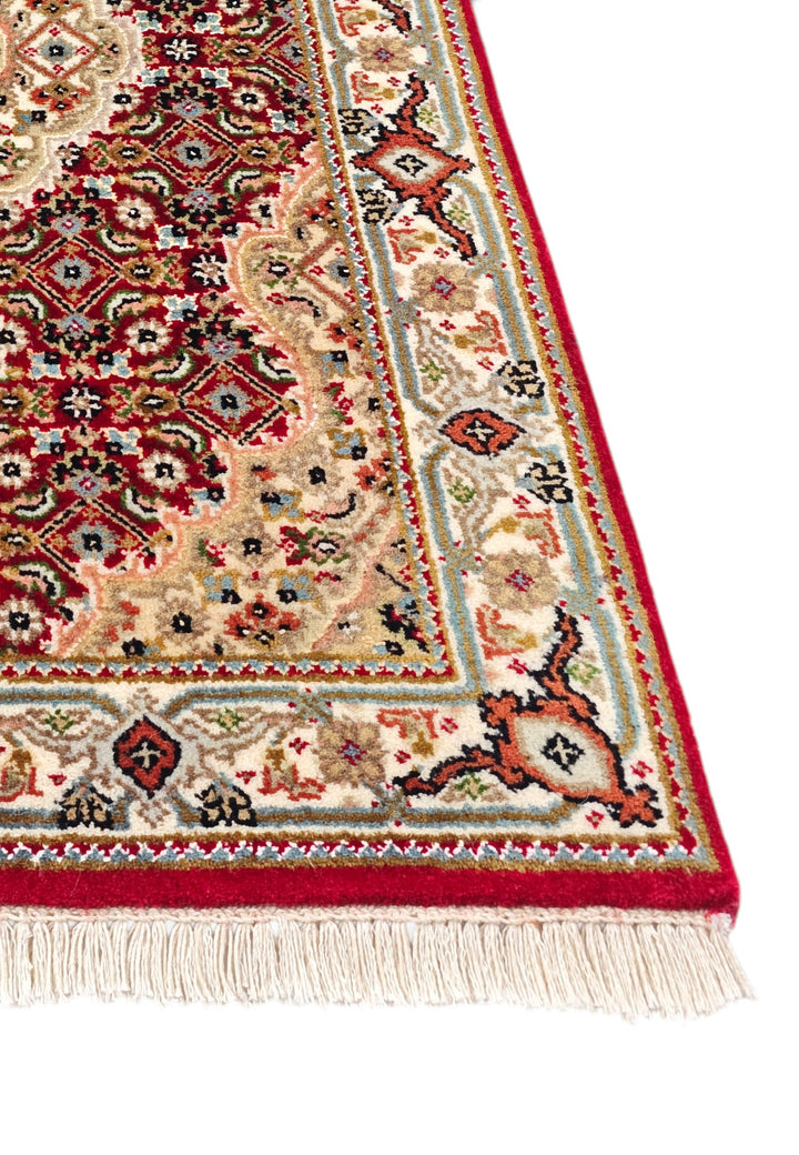 Brick Red and Sandstone Mahi Medallion Tabriz, Hand-Knotted Wool Rug