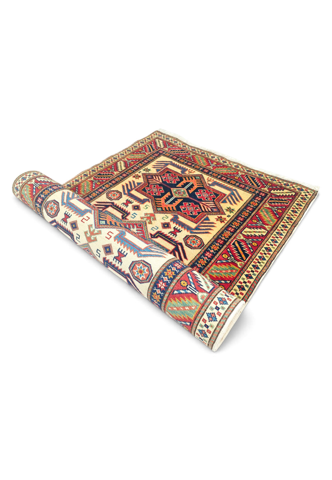 Ivory and Red Hooked Star Medallion Rug, Hand-Knotted Sherwan