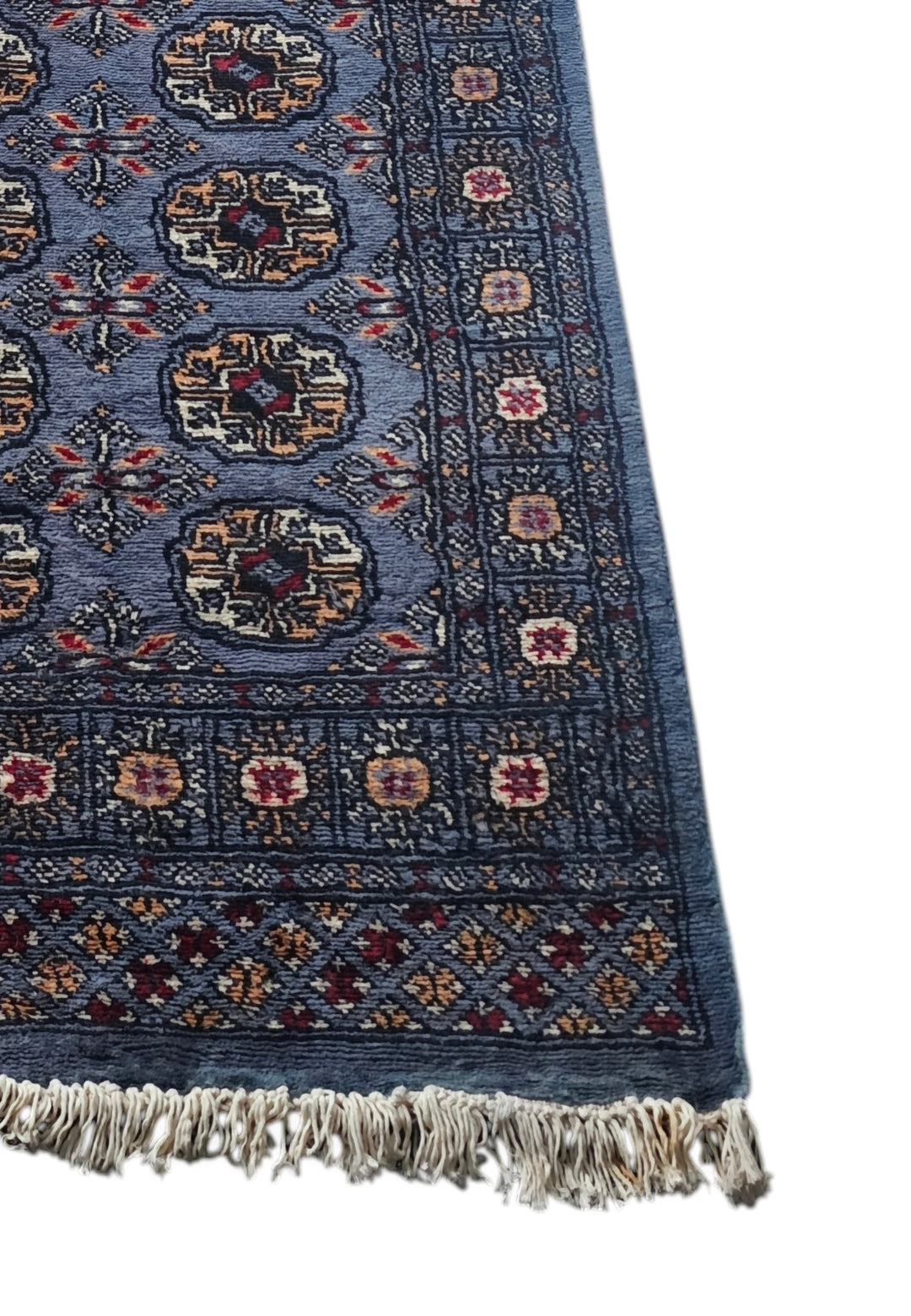 Slate Blue and Camel Turkmen Gül Bokhara, Hand-Knotted Wool Rug