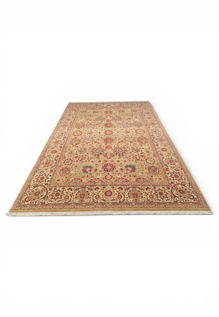 Gold and Ivory Tabriz Floral, Hand-Knotted Pakistani Wool Rug