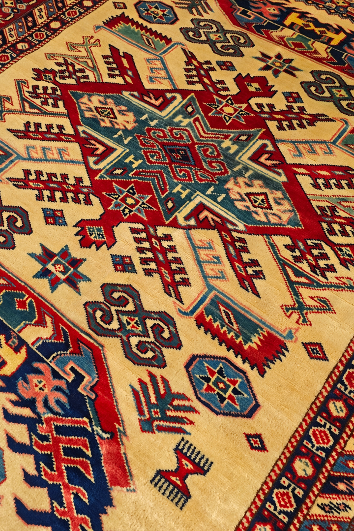 Ivory &amp; Red Sunburst Medallion Rug, Hand-Knotted Afghani Sherwan