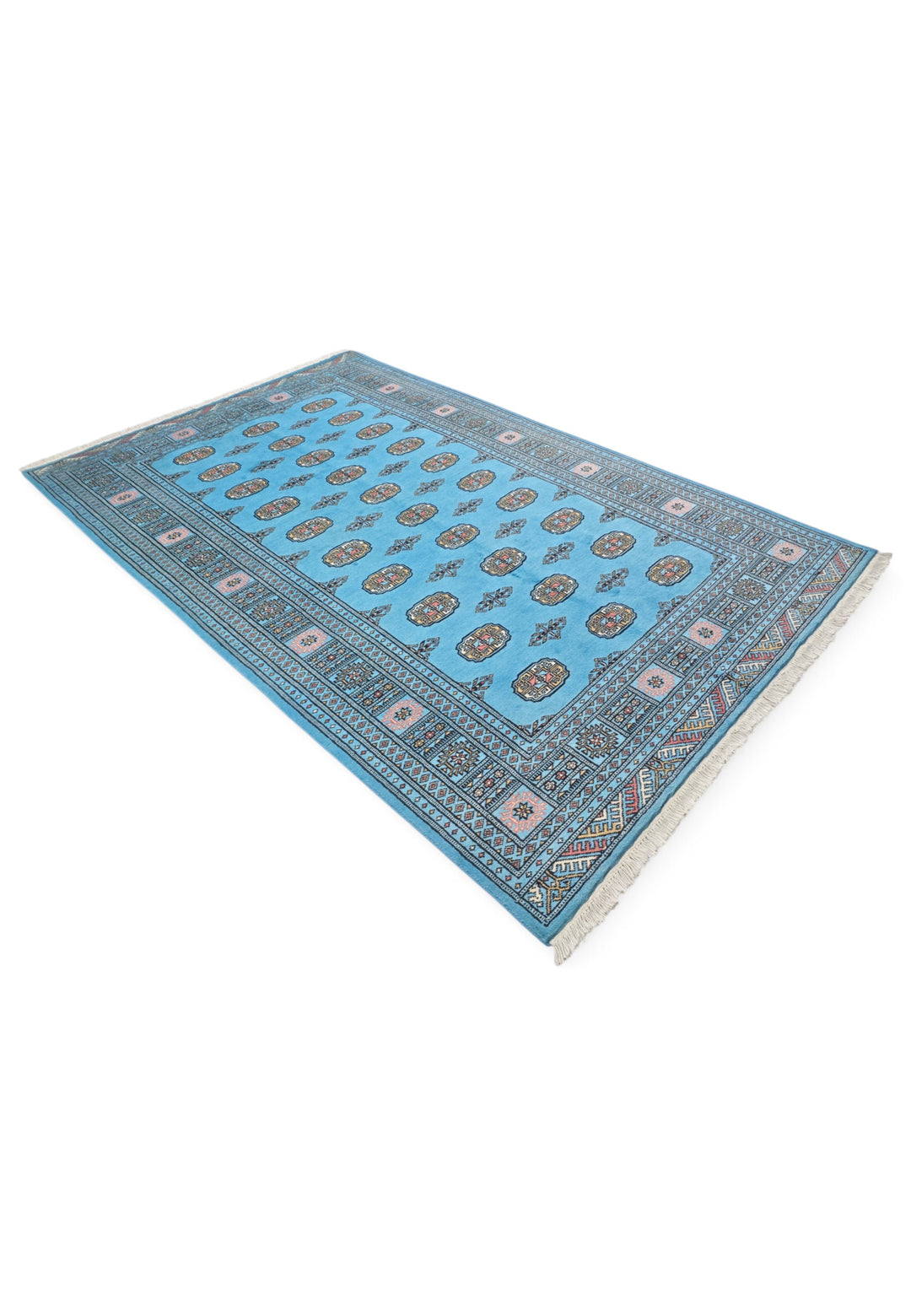 Turquoise and Ivory Turkmen Gül Bokhara, Hand-Knotted Wool Rug