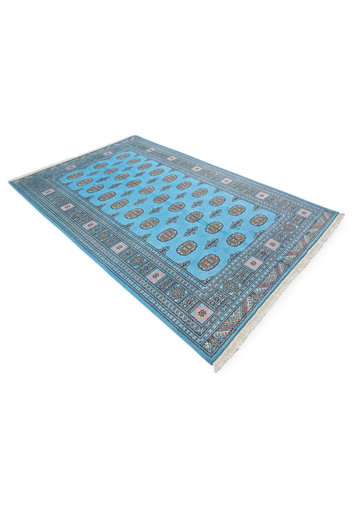 Turquoise and Ivory Turkmen Gül Bokhara, Hand-Knotted Wool Rug