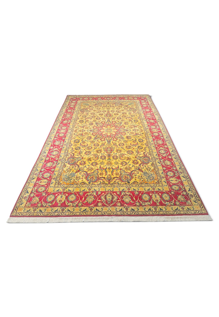 Gold and Crimson Star Medallion Isfahan, Hand-Knotted Wool Rug