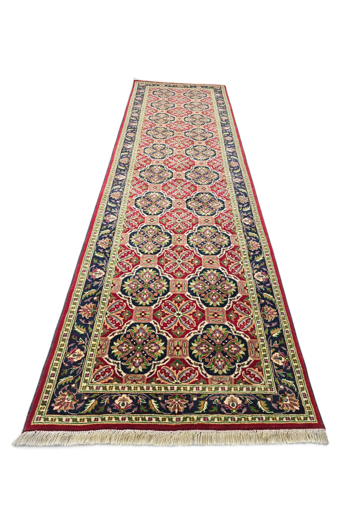 Red and Green Khan Muhammadi Runner, Hand-Knotted Wool