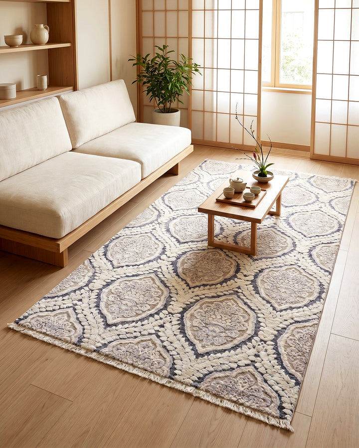 Pearl Damask Gabbeh, Hand-Knotted Afghan Wool &amp; Silk Rug