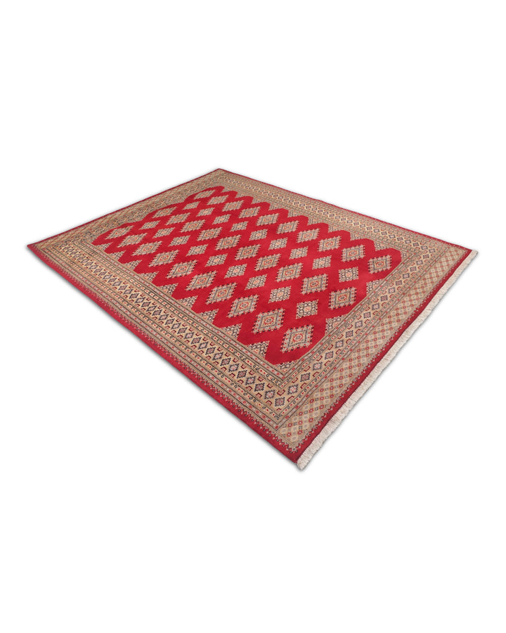 Crimson and Camel Jaldar Diamond Gül, Hand-Knotted Wool and Silk Rug