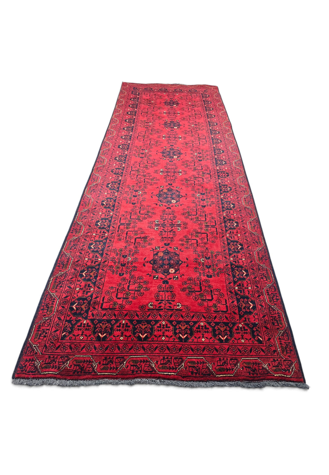 Bright Red and Navy Khan Muhammadi Runner, Hand-Knotted Wool