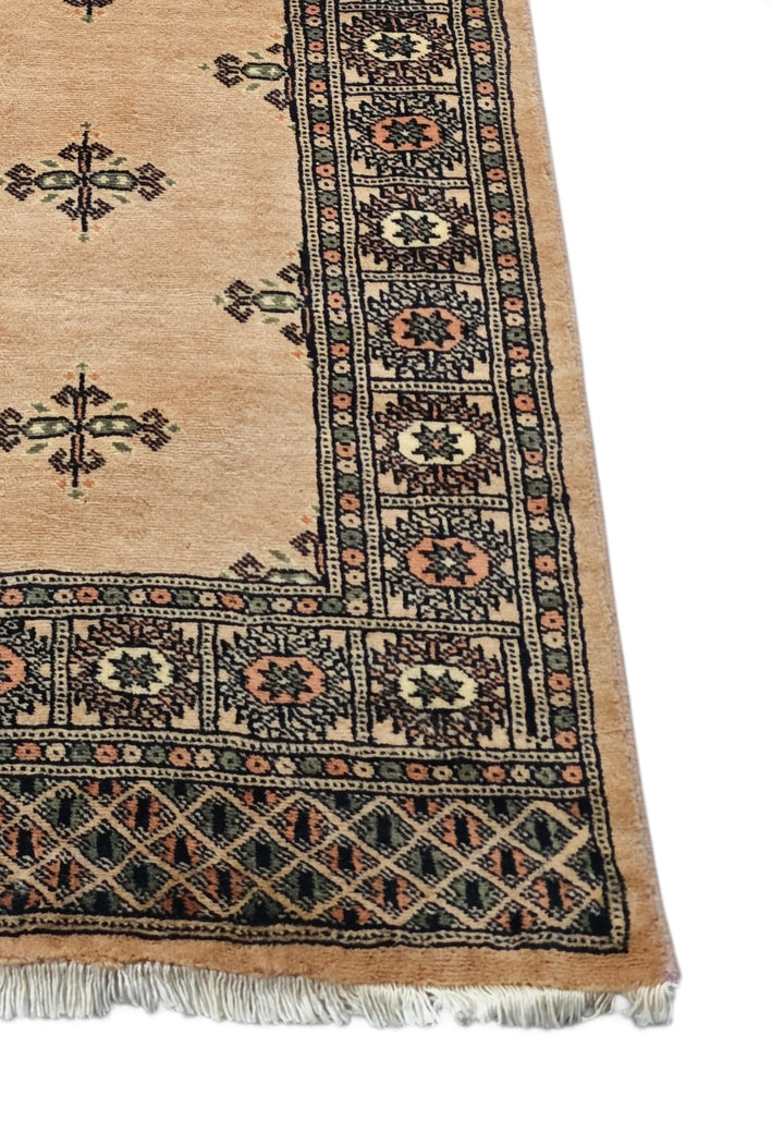 Camel and Espresso Open Field Bokhara, Hand-Knotted Wool Rug