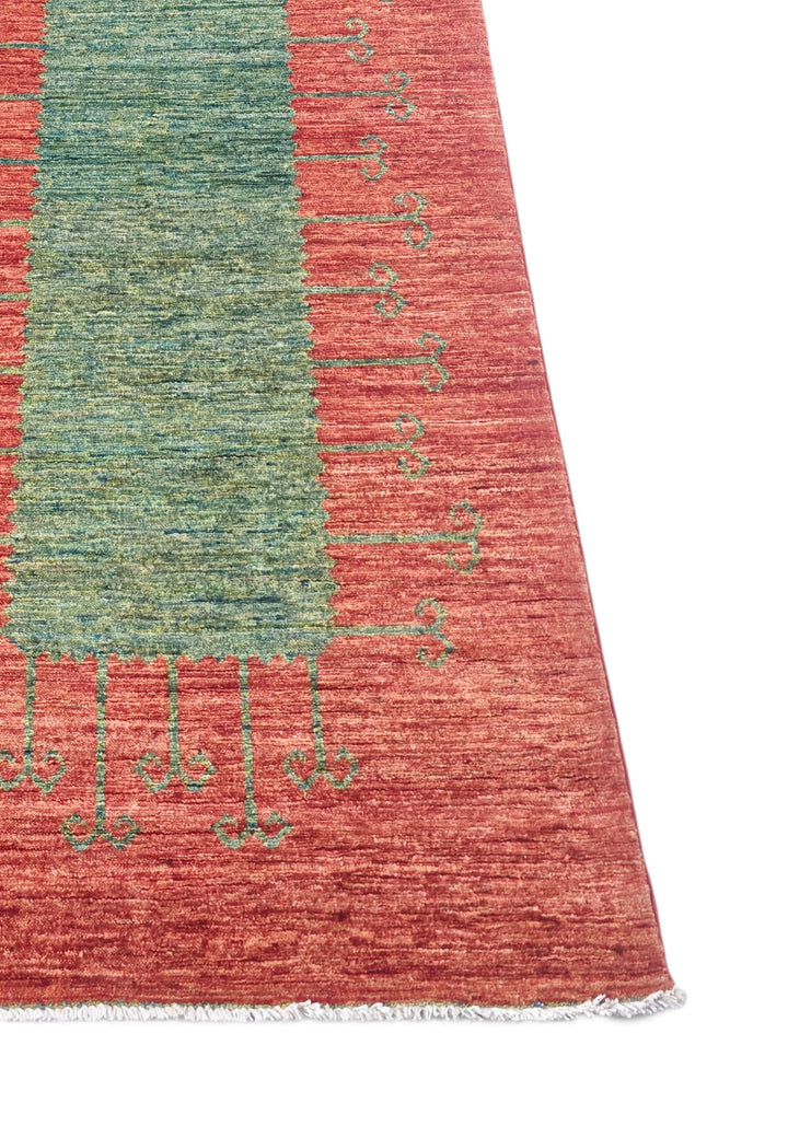 Terracotta Red and Green Panel Gabbeh, Hand-Knotted Wool Rug